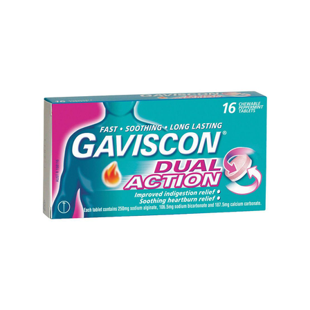 GAVISCON DUAL ACTION CHEWABLE TABLETS - PEPPERMINT 16 TABLETS - GSG Pharma